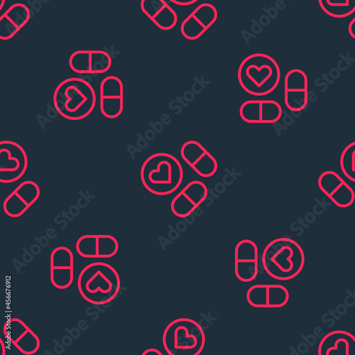 Red line Medicine pill or tablet icon isolated seamless pattern on black background. Capsule pill and drug sign. Pharmacy design. Vector