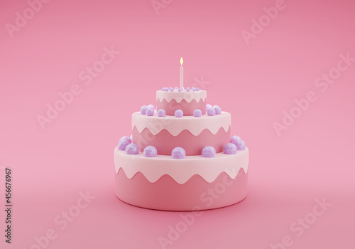 Cute birthday cake 3d rendering pink color 3 floors with a candle, Sweet cake for a surprise birthday, mother's Day, Valentine's Day on a pink background