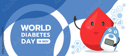 world diabetes day banner drop blood charector hold Blood Glucose Meter on abstract blue ring circle, curve texture background vector design