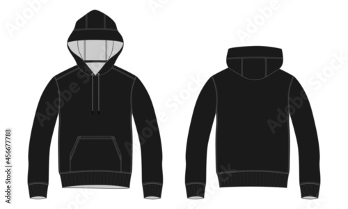 Long sleeve hoodie technical fashion Flat sketch Vector template front and back view. Apparel dress design vector illustration Drawing Black Color mock up jacket CAD. Cotton fleece jersey Hoodie.