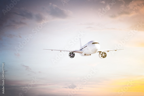 Airplane flying on bright sky background with clouds and mock up place. Transportation and airline concept. 3D Rendering.