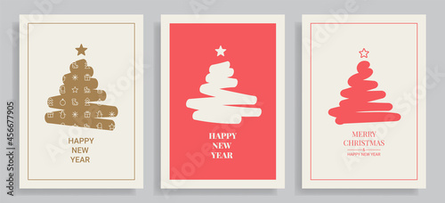 Set of winter holidays greeting cards with decorative Christmas trees. Merry Christmas and Happy New Year. Elegant template for postcards, invitations, posters, banners. Vector illustration.