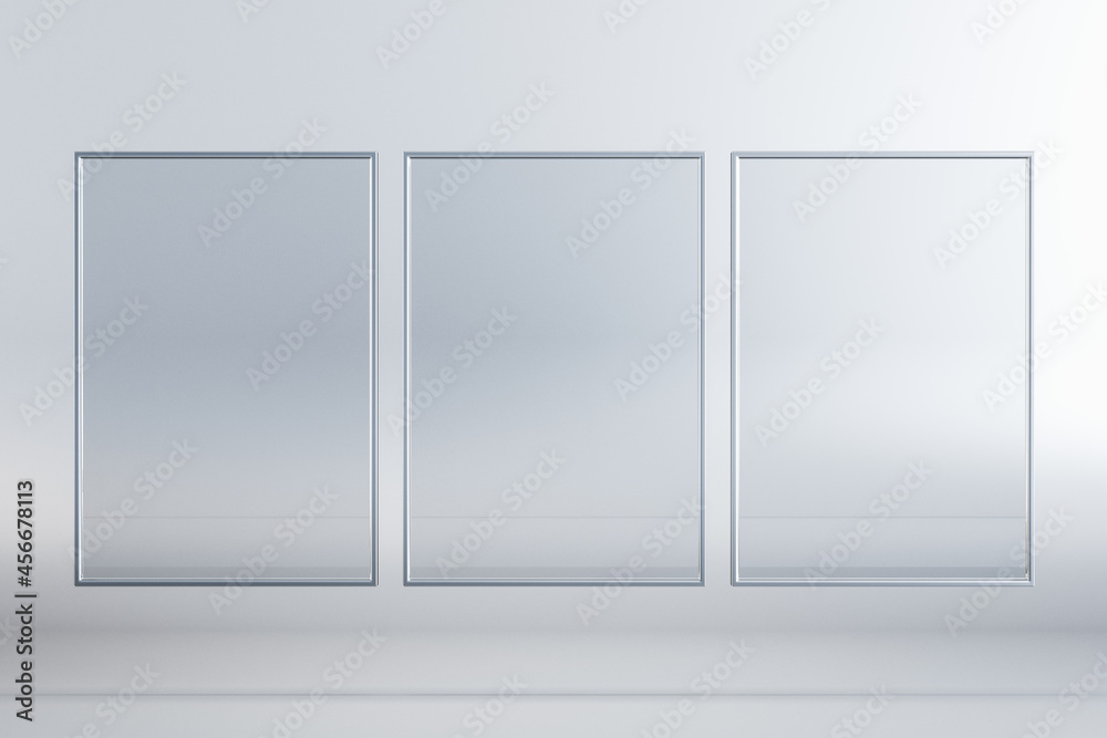 Empty three rectangular glass frame posters on white background. Mock up, 3D Rendering. Empty three rectangular glass frame posters on white background. Mock up, 3D Rendering.