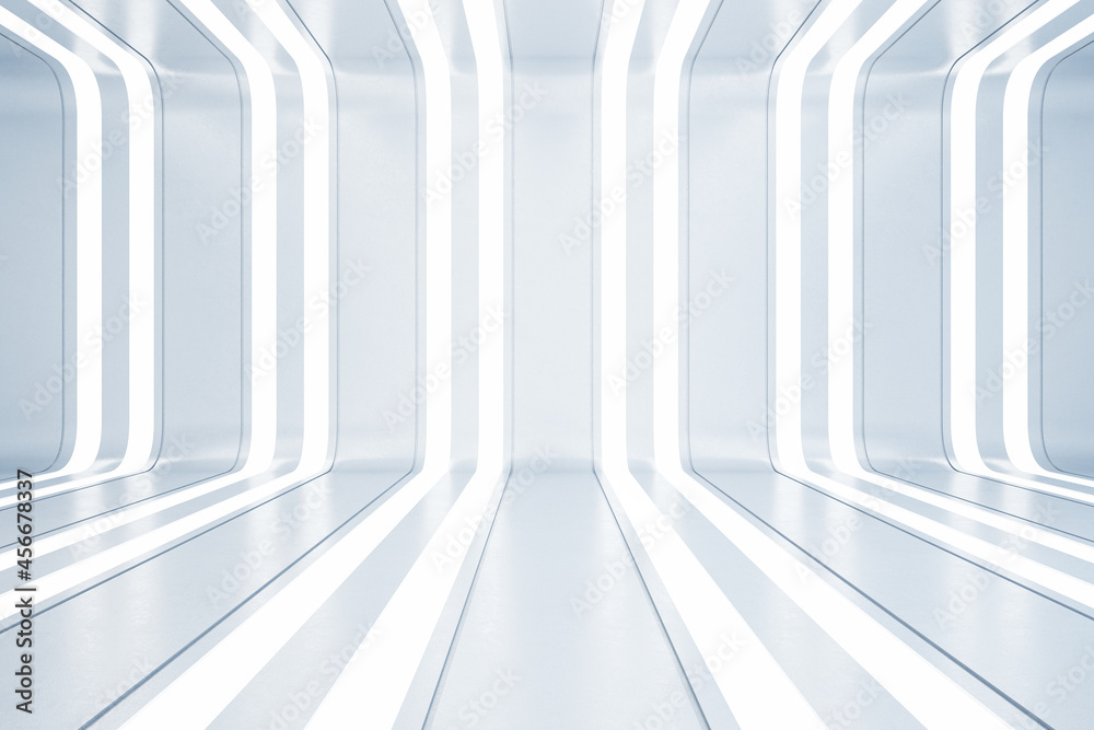 Obraz premium Creative white interior with illuminated lines. Future and architecture concept. 3D Rendering.