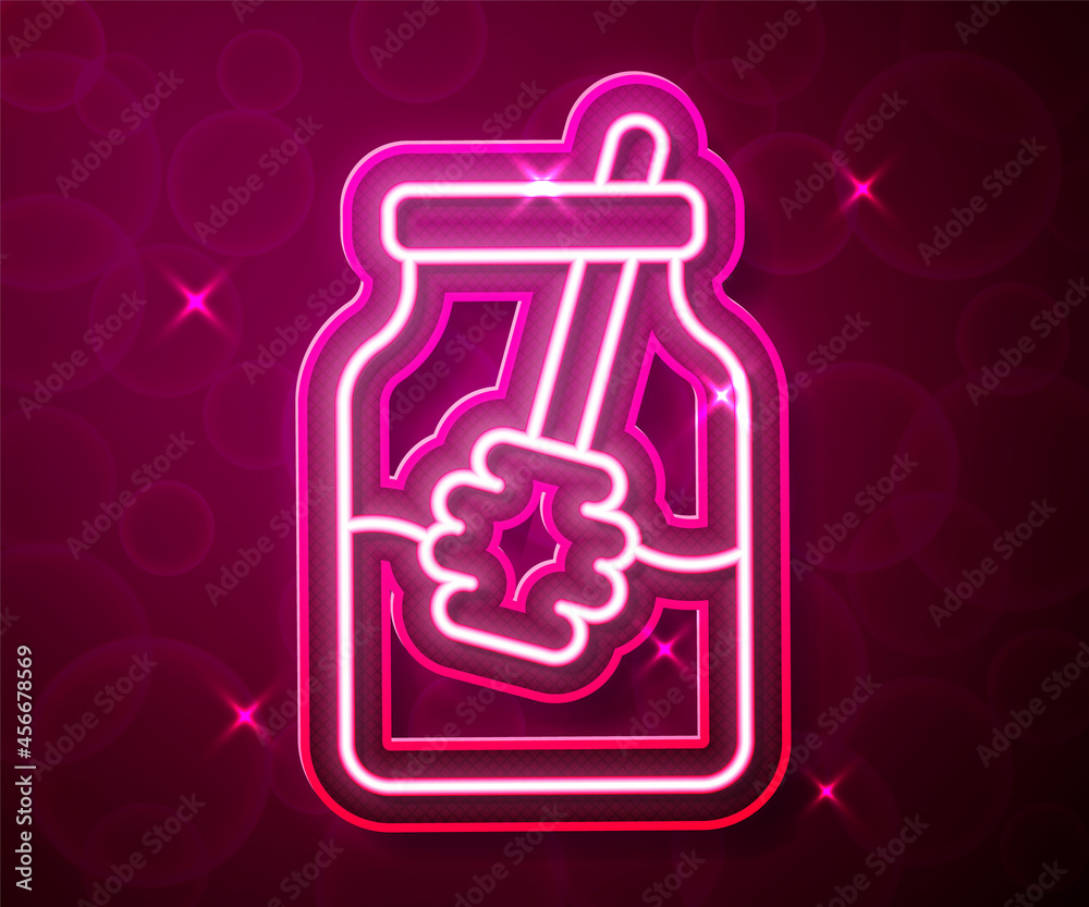 Glowing neon line Jar of honey and honey dipper stick icon isolated on red background. Food bank. Sweet natural food symbol. Honey ladle. Vector