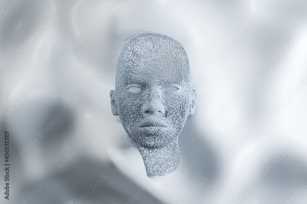 Obraz premium Abstract white human head on wavy background. Future, robotics and artificial intelligence background. 3D Rendering.