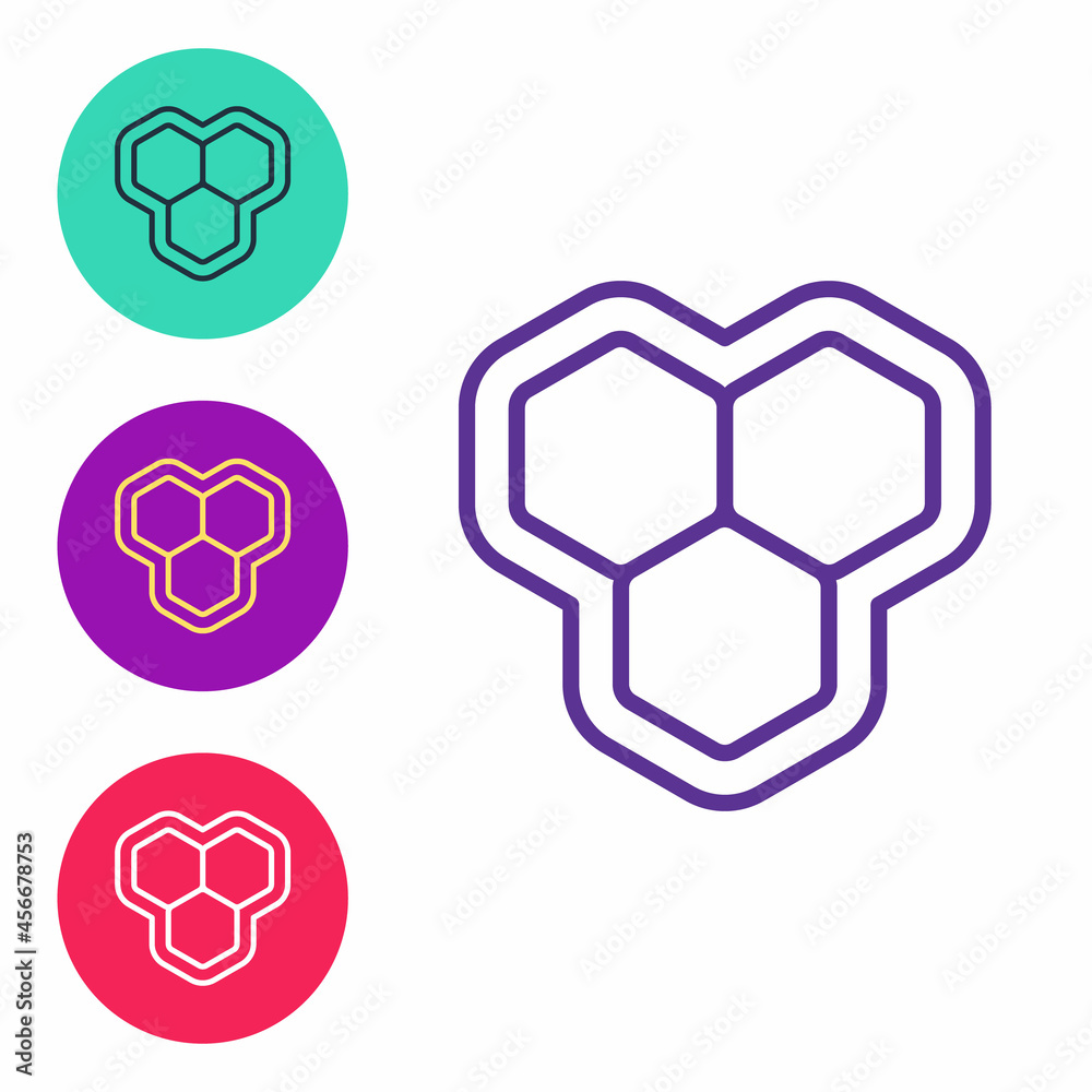 Obraz premium Set line Honeycomb icon isolated on white background. Honey cells symbol. Sweet natural food. Set icons colorful. Vector