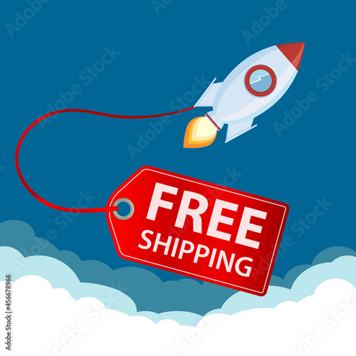 Rocket with label free shipping fly in the sky.