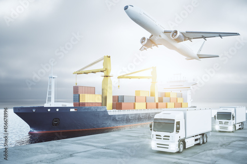 Modern airplane, ship and trucks with cargo in daylight. Delivery, storage and logistics concept. 3D Rendering.