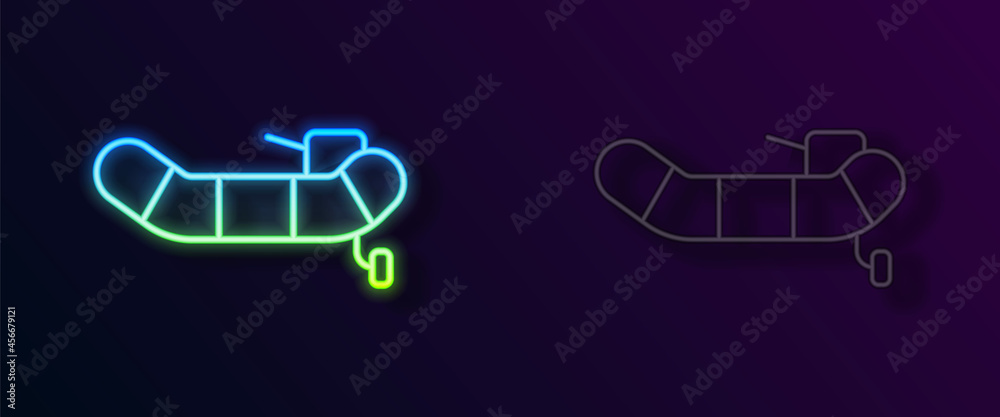 Glowing neon line Inflatable boat with outboard motor icon isolated on black background. Vector Glowing neon line Inflatable boat with outboard motor icon isolated on black background. Vector