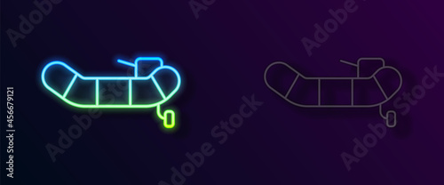 Glowing neon line Inflatable boat with outboard motor icon isolated on black background. Vector
