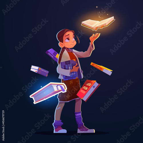 Girl with flying books with magic glow and sparkles. Vector cartoon fantasy illustration of happy child character and books with mystic shine isolated on dark background