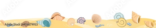 Frontal view of the seashore. Yellow sandy beach. Shellfish and snail shells. Close up View. The isolated object on a white background. Seamless Vector.