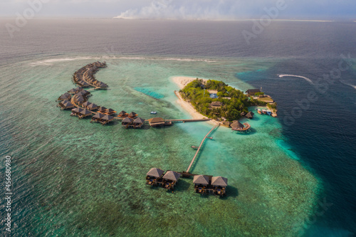 Adaaran Prestige Vadoo resort, Maldives. Aerial drone shot. July 2021.