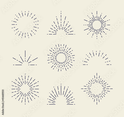 Set of Vintage Sunbursts in Different Shapes. Trendy Hand Drawn Retro Bursting Rays Design Elements. Hipster Vector illustration