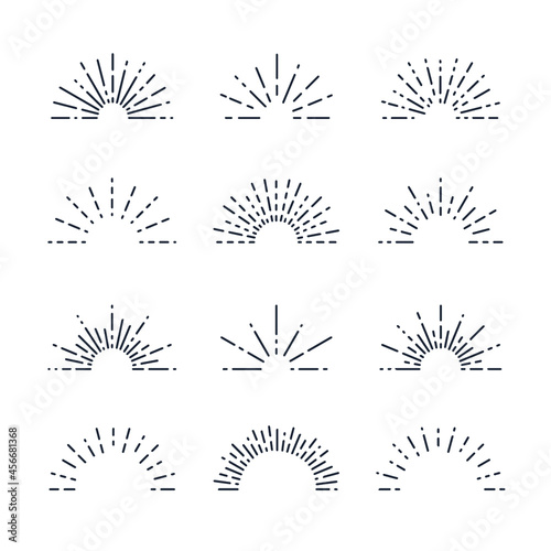 Set of Vintage Sunbursts in Different Shapes. Trendy Hand Drawn Retro Bursting Rays Design Elements. Hipster Vector illustration