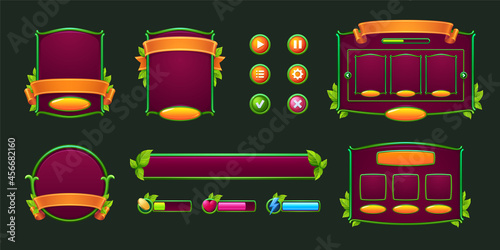 Game buttons and frames with green borders and leaves. Design elements and assets with plants for user interface. Vector cartoon set of bars, check and cross marks and panels