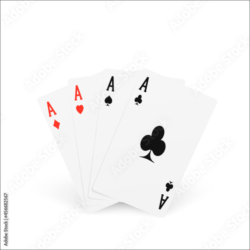 Playing card four of a kind or quads. Ace design cazino game element. Poker or blackjack realistic cards. Vector