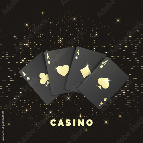 Four black poker cards with gold label. Quads or four of a kind by ace. Casino banner or poster in royal style. Vector