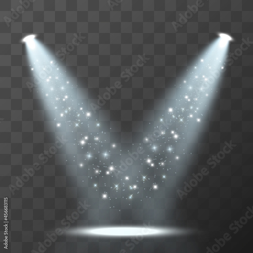Vector light sources, concert lighting, spotlights set. Concert spotlight with beam, illuminated spotlights for web design illustration.
