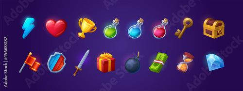 Set of game icons, shield, sword, lightning flash and heart, golden cup, magic potion flasks, gold key and treasure chest. Cartoon 3d ui flag, gift box, bomb and money bills, hourglass and brilliant