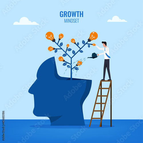 growth mindset concept, businessman watering head symbol