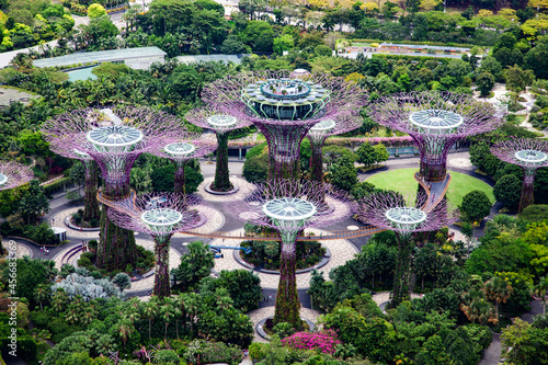 SINGAPORE, SINGAPORE - MARCH 2019: aerial view of Singapore City skyline with Gardens by the Bay