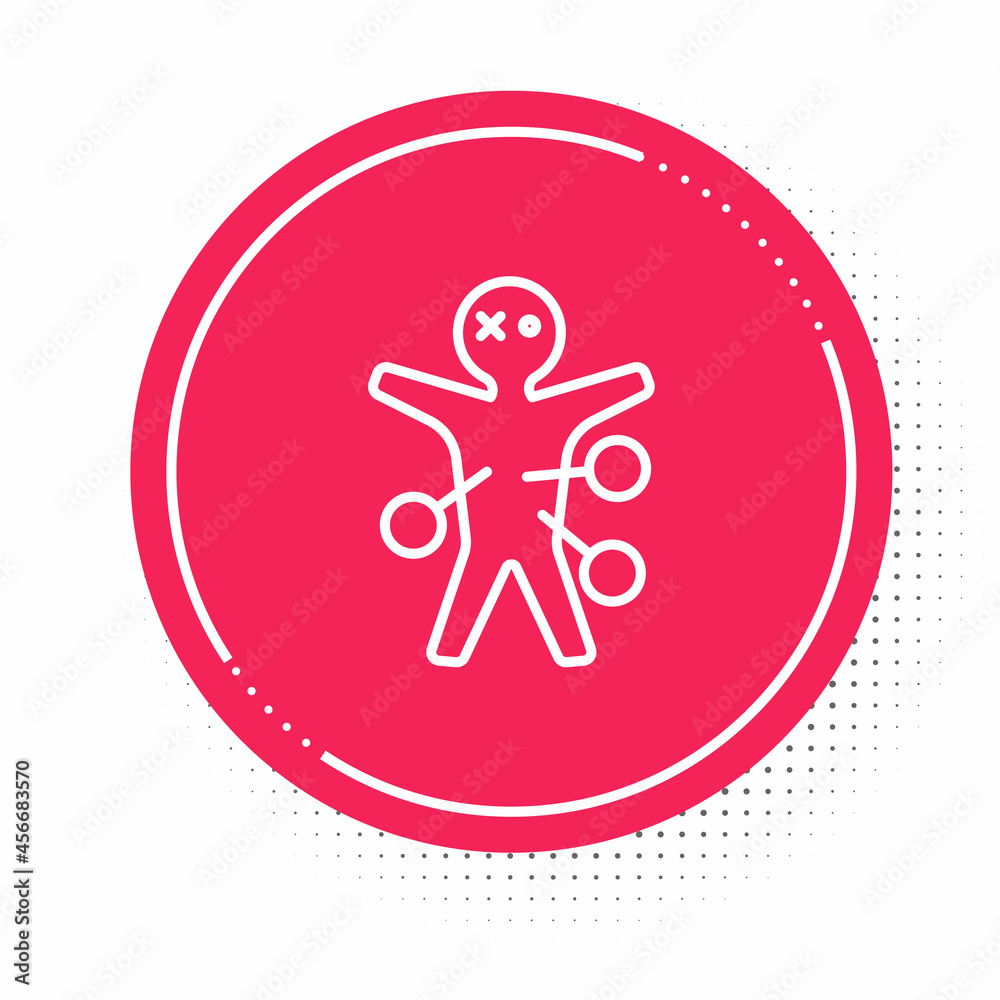 White line Voodoo doll icon isolated on white background. Happy Halloween party. Red circle button. Vector White line Voodoo doll icon isolated on white background. Happy Halloween party. Red circle button. Vector