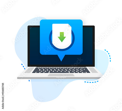 Laptop and download file icon. Document downloading concept. Trendy flat design graphic with long shadow. Vector illustration.