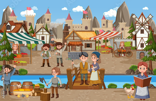 Medieval town scene with villagers at the market © brgfx