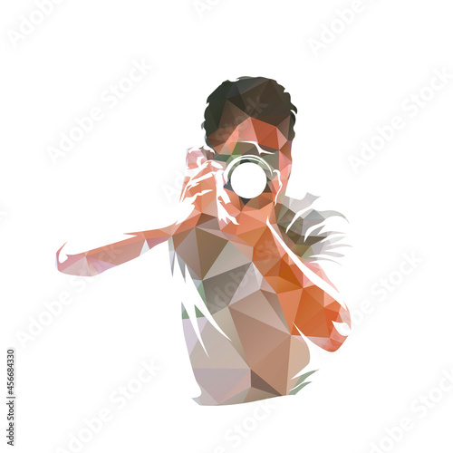 Photographer with camera takes pictures, low polygonal vector logo. Front View. Man with digital camera, geometric illustration from triangles