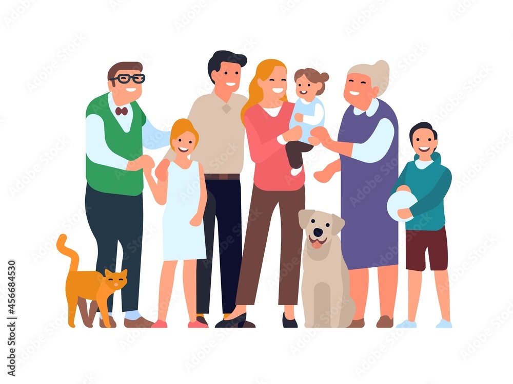 Fototapeta premium Big happy family. Relatives group portrait in full growth, parents, grandparents, children and a pets, teenages and todler. Vector concept