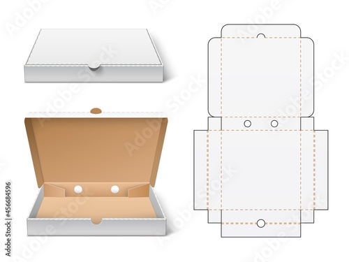 Unwrapped pizza box. Realistic 3d white cardboard fast food packaging mockup, open and closed view, container cutting scheme. Vector concept