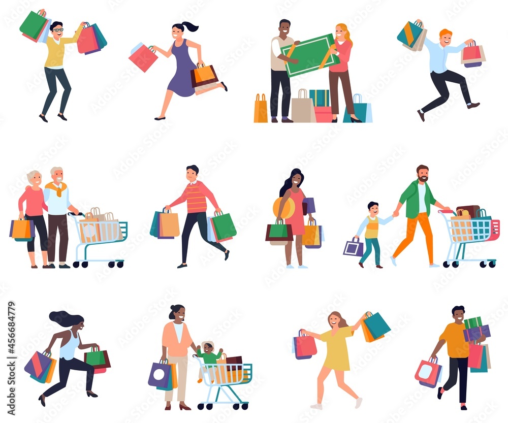 Supermarket people. Shopping process men and women, variety characters with bags and store carts, season of discounts and sales. Vector set