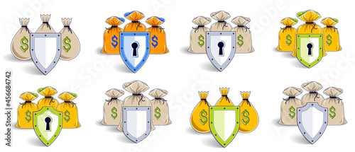 Moneybag with protection shield vector illustrations set with a lot of different signs and symbols, personal finance safety or savings concept collection.