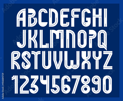 Abstract geometric original font vector typeset, logo creation alphabet minimal tech linear geometry style, stylish square unique tile letters set, uppercase and numbers set.