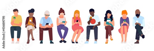 Sitting people use gadgets. Multinational men and women sit in row, look at smartphones screens, modern mobile technologies, vector set