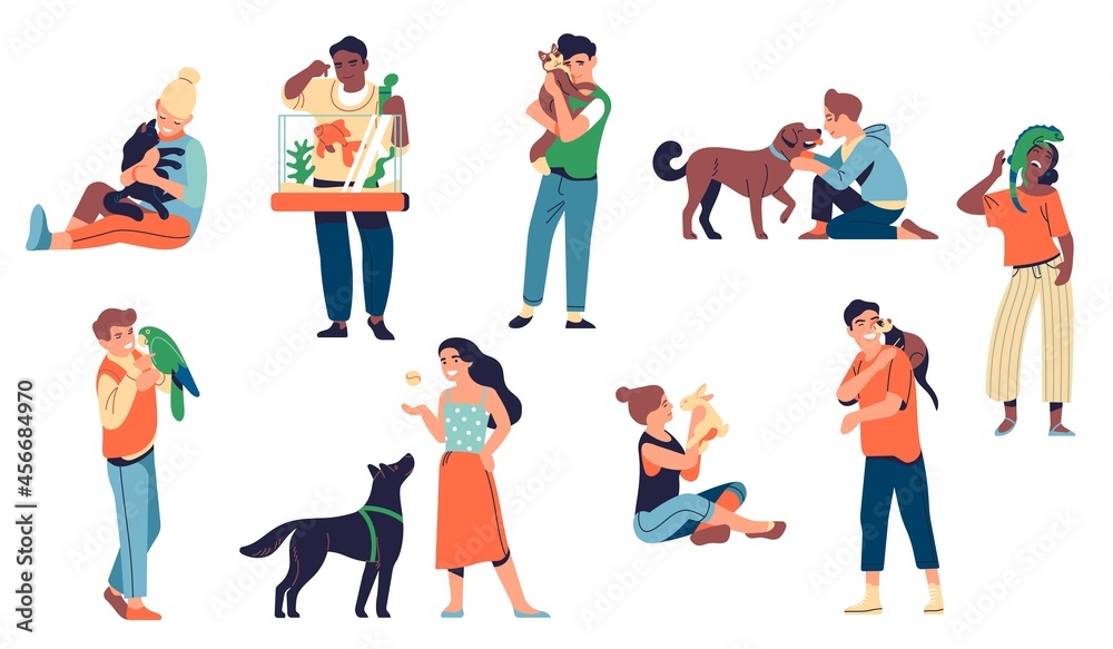 People with pets. Animals and happy loving owners, men and women characters hugging and playing with dog, cat, parrot and bunny, vector set
