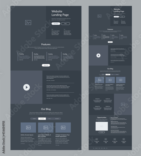 Landing page design. Dark site wireframe layout interface.