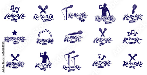 Karaoke logos and emblems vector set, microphones and musical notes singing party or club compositions isolated collection, music entertainment nightlife weekend holidays or birthday theme.