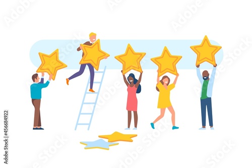 People feedback. Happy men and women characters with big stars, rating appreciation, app ranking, users give points for service, vector set