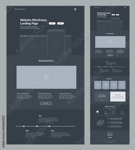 Landing page design. Dark site wireframe layout interface.