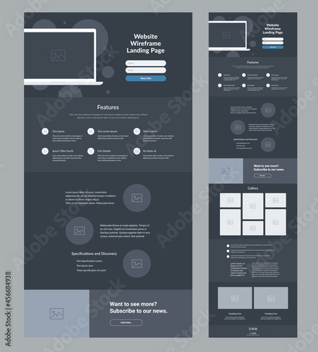 Landing page design. Dark site wireframe layout interface.