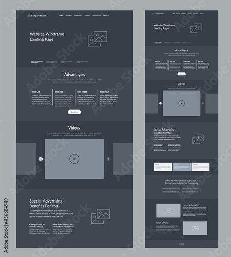 Website template landing page design. Dark site wireframe layout interface.
