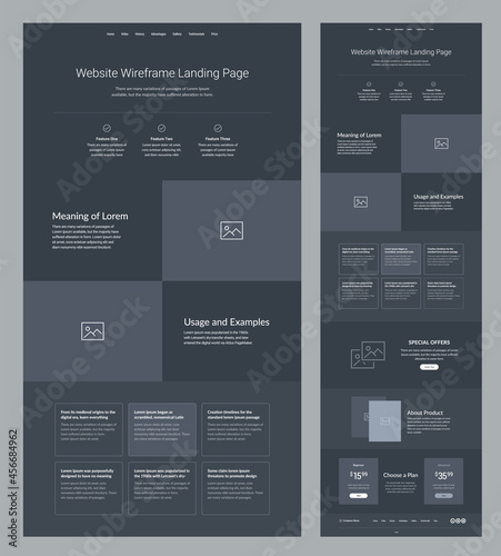 Website template landing page design. Dark site wireframe layout interface.