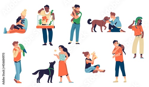People with pets. Animals and happy loving owners, men and women characters hugging and playing with dog, cat, parrot and bunny, vector set