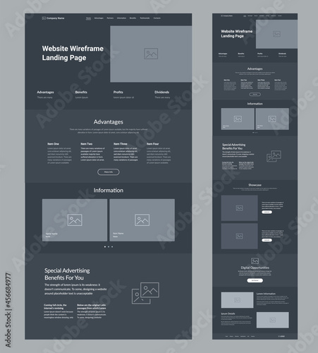 Website template landing page design. Dark site wireframe layout interface.