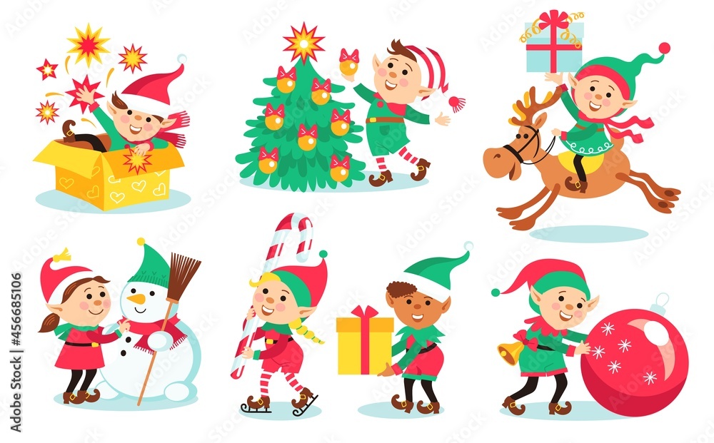Kids christmas elves. Children in holiday costumes, happy little Santa helpers, fantasy people with gifts, new year creatures, vector set