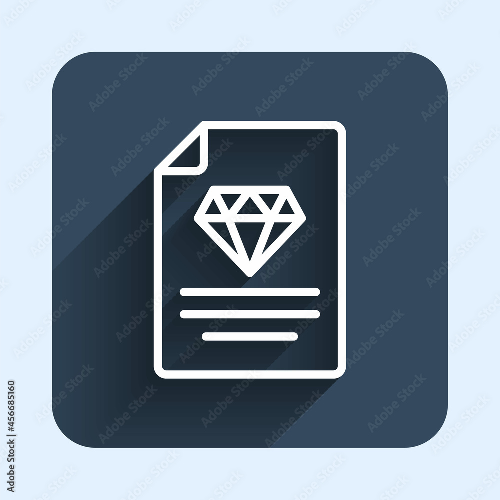 White line Certificate of the diamond icon isolated with long shadow background. Blue square button. Vector White line Certificate of the diamond icon isolated with long shadow background. Blue square button. Vector