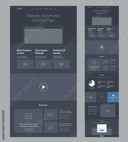 Website template design. Dark landing page site wireframe. One page site layout interface for your company.